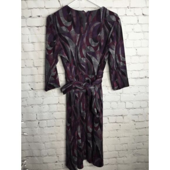 VTG NorthStyle Womens Purple Geo.Print Stretch Zip Tie Waist Midi Sheath Dress S - Picture 7 of 12